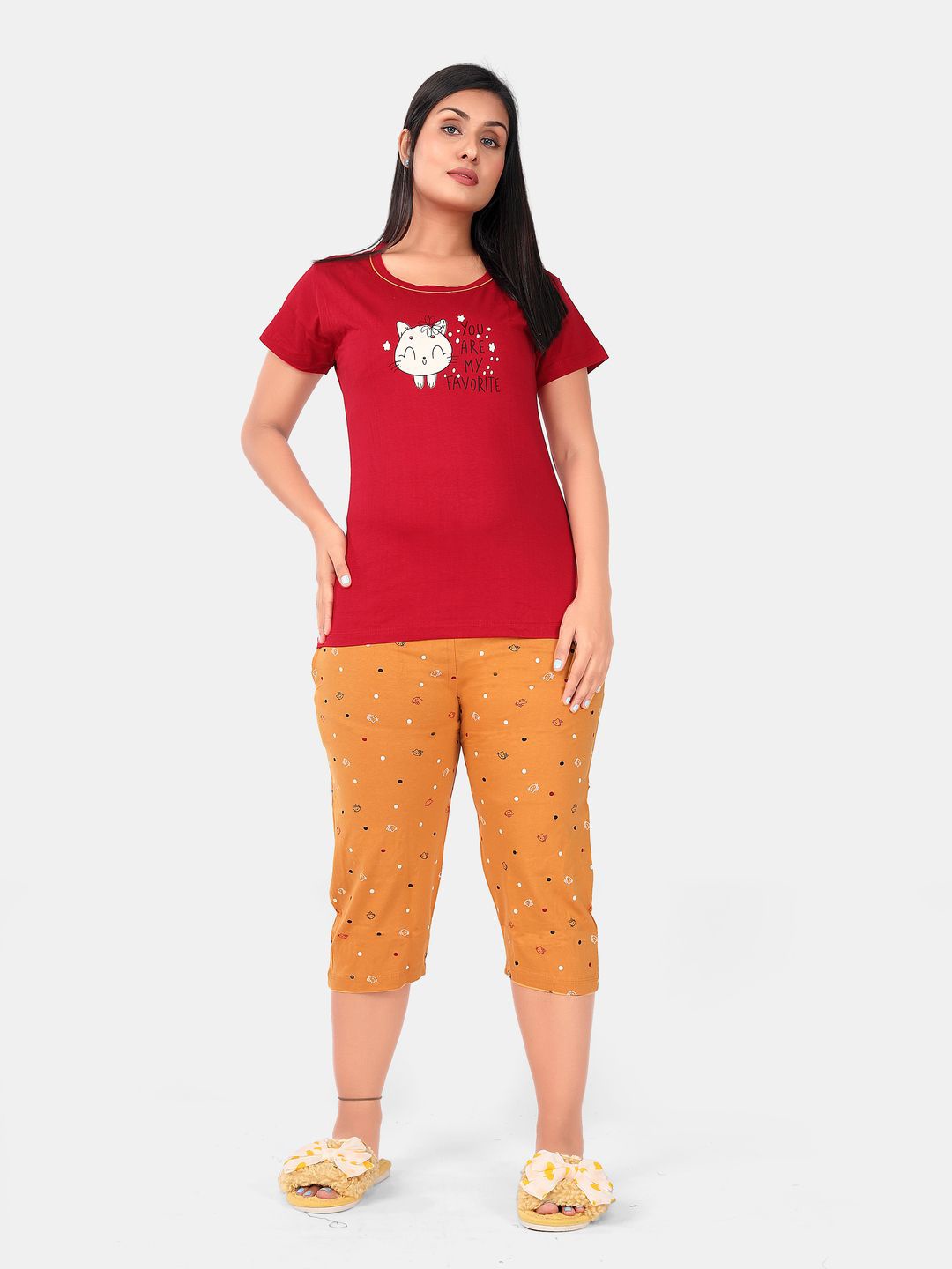 

SWEET MOON Graphic Printed T-Shirt With Capris, Red