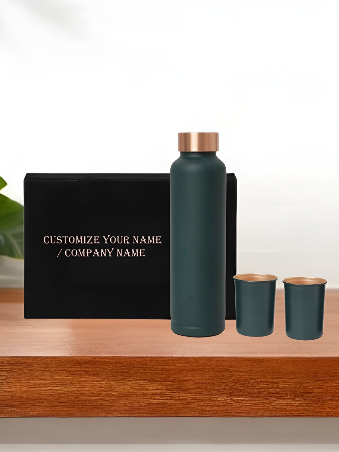 

INTERNATIONAL GIFT Green 3 Pieces Pure Copper Water Bottle & Glass Set With Velvet Box