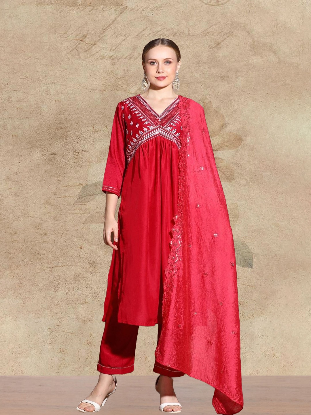 

AVANSHEE V-Neck Sequinned Empire Anarkali Kurta With Trouser And Dupatta, Red