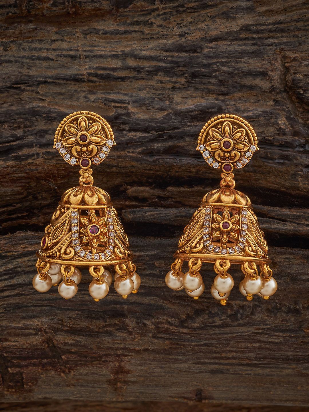 

Kushal's Fashion Jewellery Ruby Gold-Plated Dome Shaped Antique Jhumkas Earrings