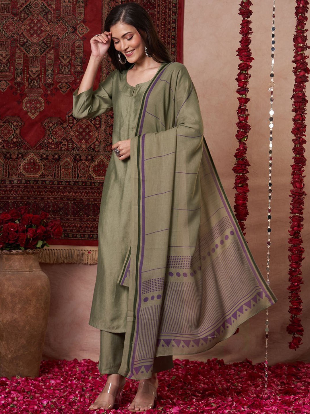 

Anni Designer Round Neck Straight Kurta with Palazzos & Dupatta, Green
