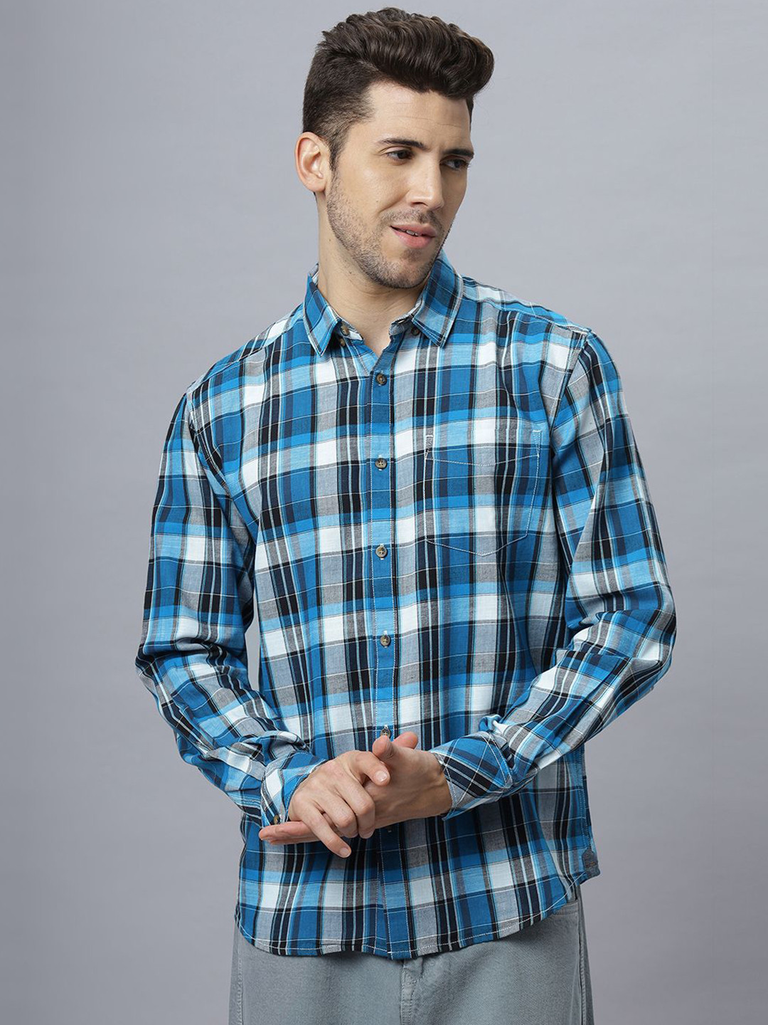 

NEON CHILLIE Men Regular Fit Spread Collar Tartan Checked Cotton Casual Shirt, Blue