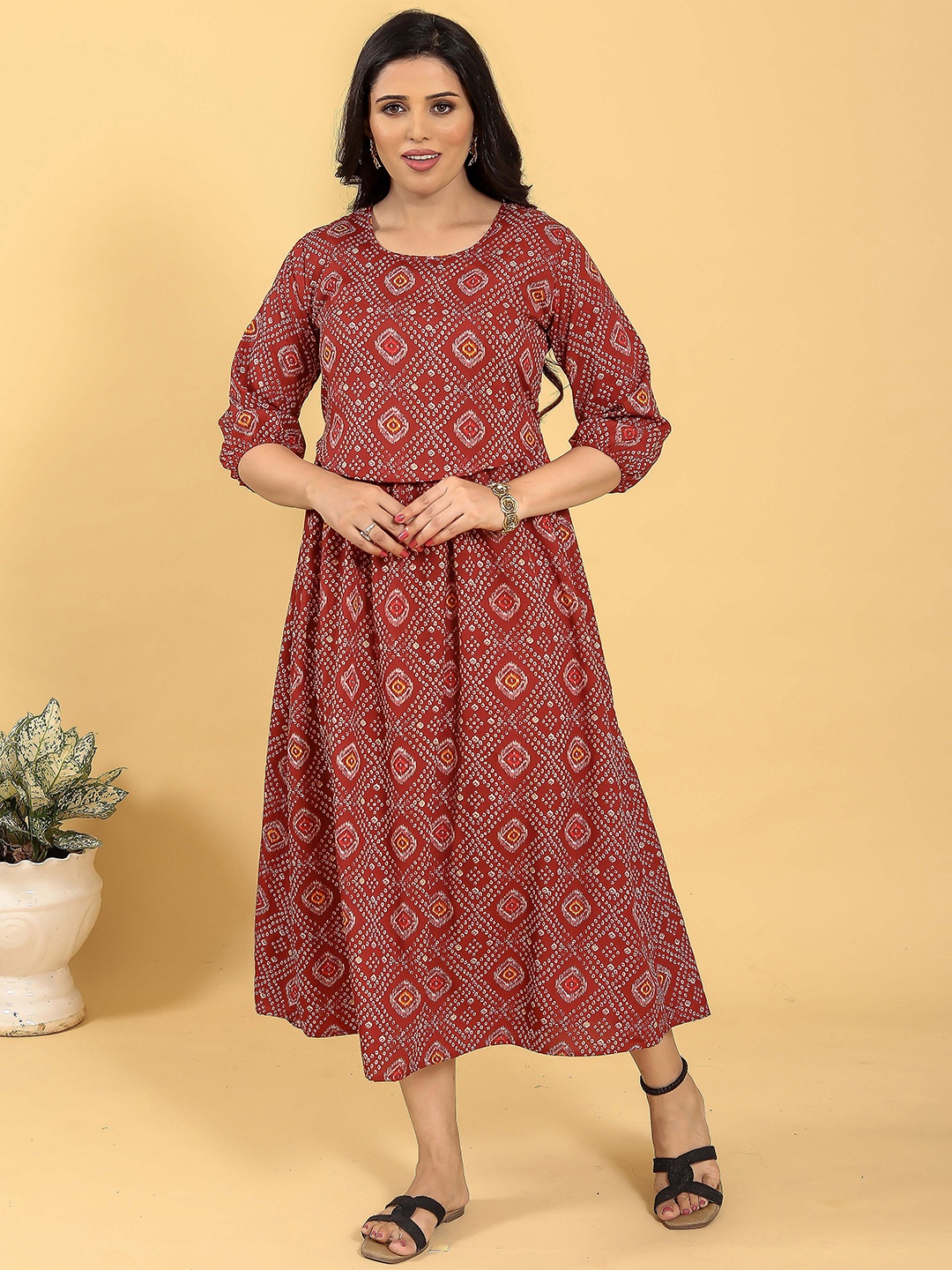 

RITIJYA Bandhani Printed Round Neck Maternity Fit And Flare Ethnic Dresses, Red