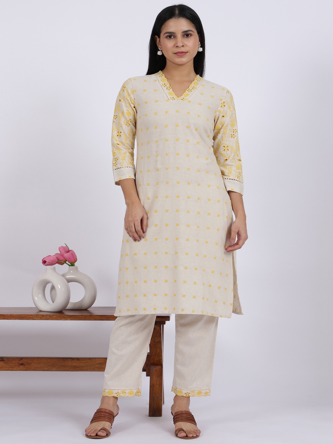 

W Beige Floral Embroidered Cotton Blend V-Neck Straight Kurta With Trousers