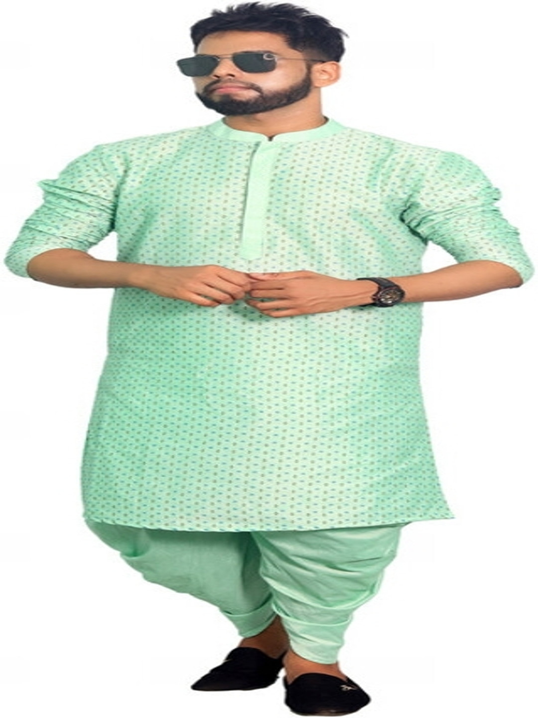 

House of Aqss Geometric Printed Mandarin Collar Straight Kurta With Dhoti Pants, Green