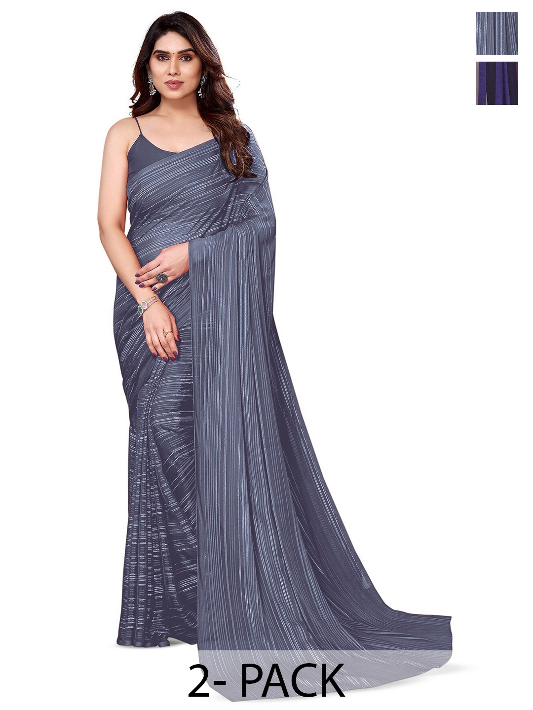 

Moda Rapido Set of 2 Striped Satin Saree, Grey