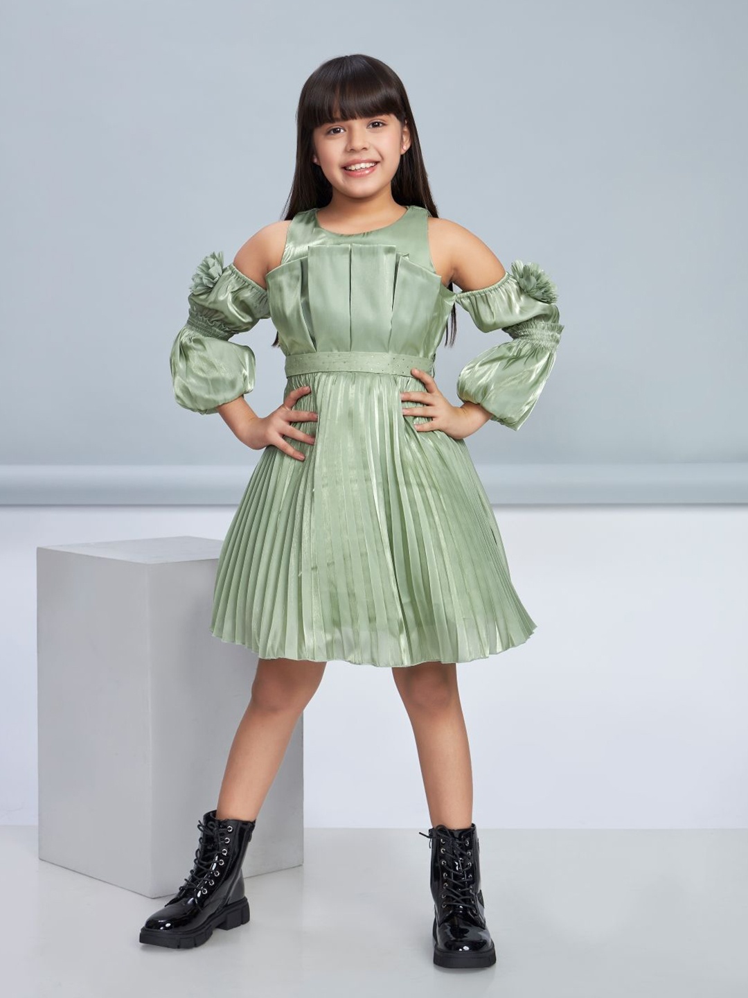 

Peppermint Girls Puff Sleeves Fit & Flare Dress, Green