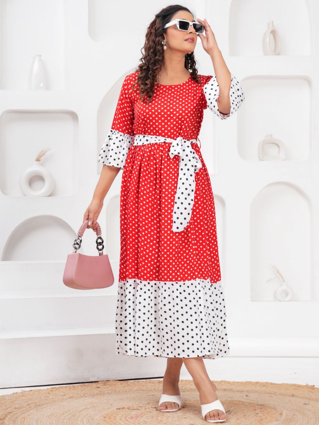 

HIGHLIGHT FASHION EXPORT Polka Dots Printed Fit & Flare Midi Dress, Red