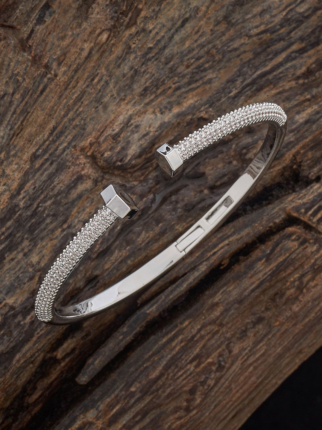 

Kushal's Fashion Jewellery Rhodium-Plated Zircon-Studded Cuff Bracelet, Silver