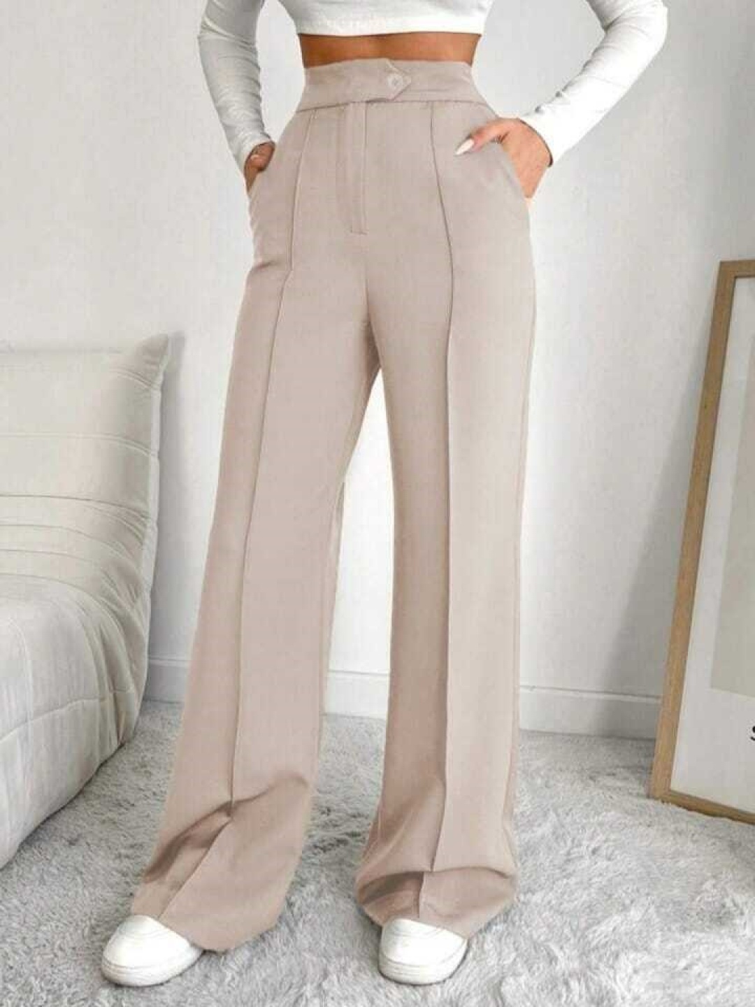 

Next One Women Smart Straight Fit High-Rise Easy Wash Pleated Trousers, Beige