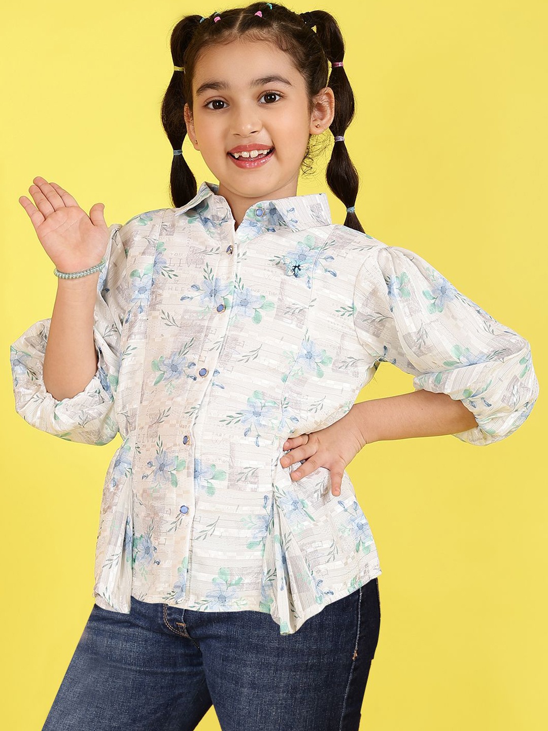 

Ishti Girls Floral Printed Puff Sleeves Shirt Style Top, White