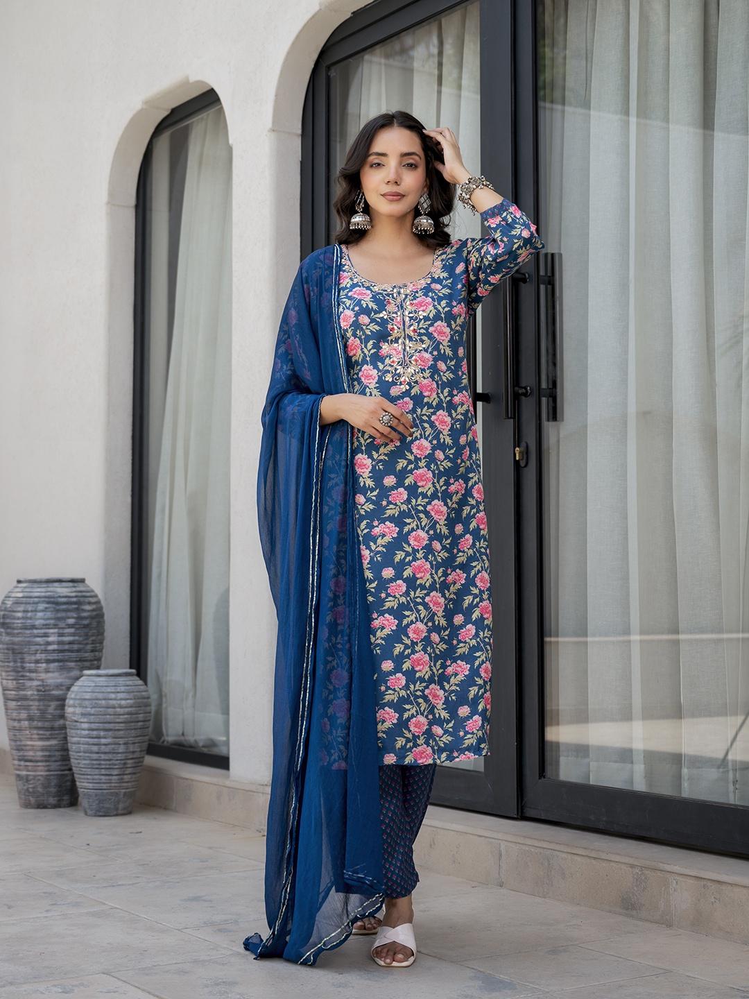 

Chandbaali Women Floral Embroidered Regular Gotta Patti Kurta with Trousers & With Dupatta, Blue