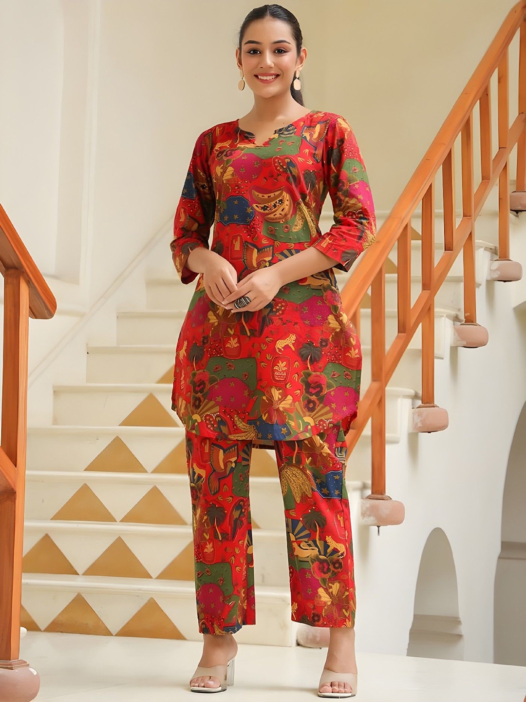 

Acriine Floral Printed Pure Cotton Notch-Neck Tunic With Trousers, Red