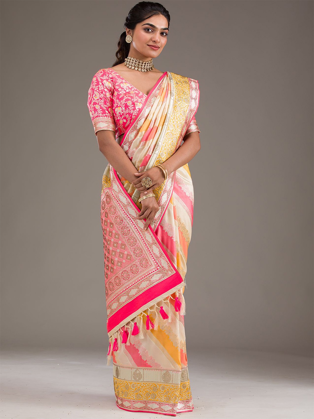 

Koskii Cream Embellished/Sequined Raw Silk Saree