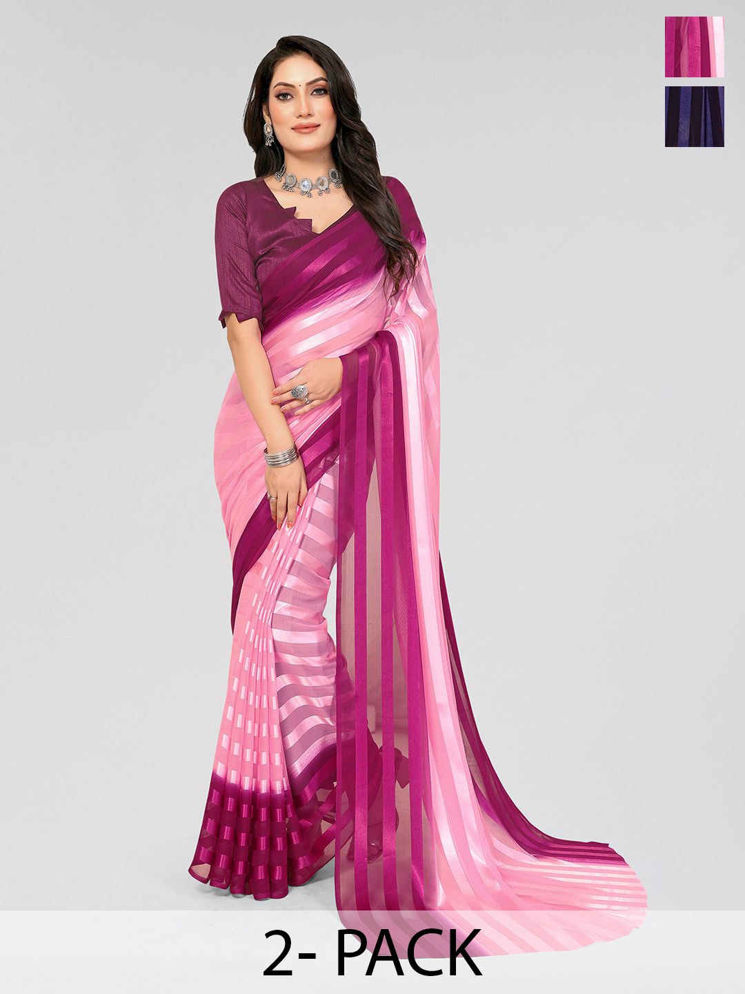 

Moda Rapido Set of 2 Satin Finish Striped Sarees, Purple