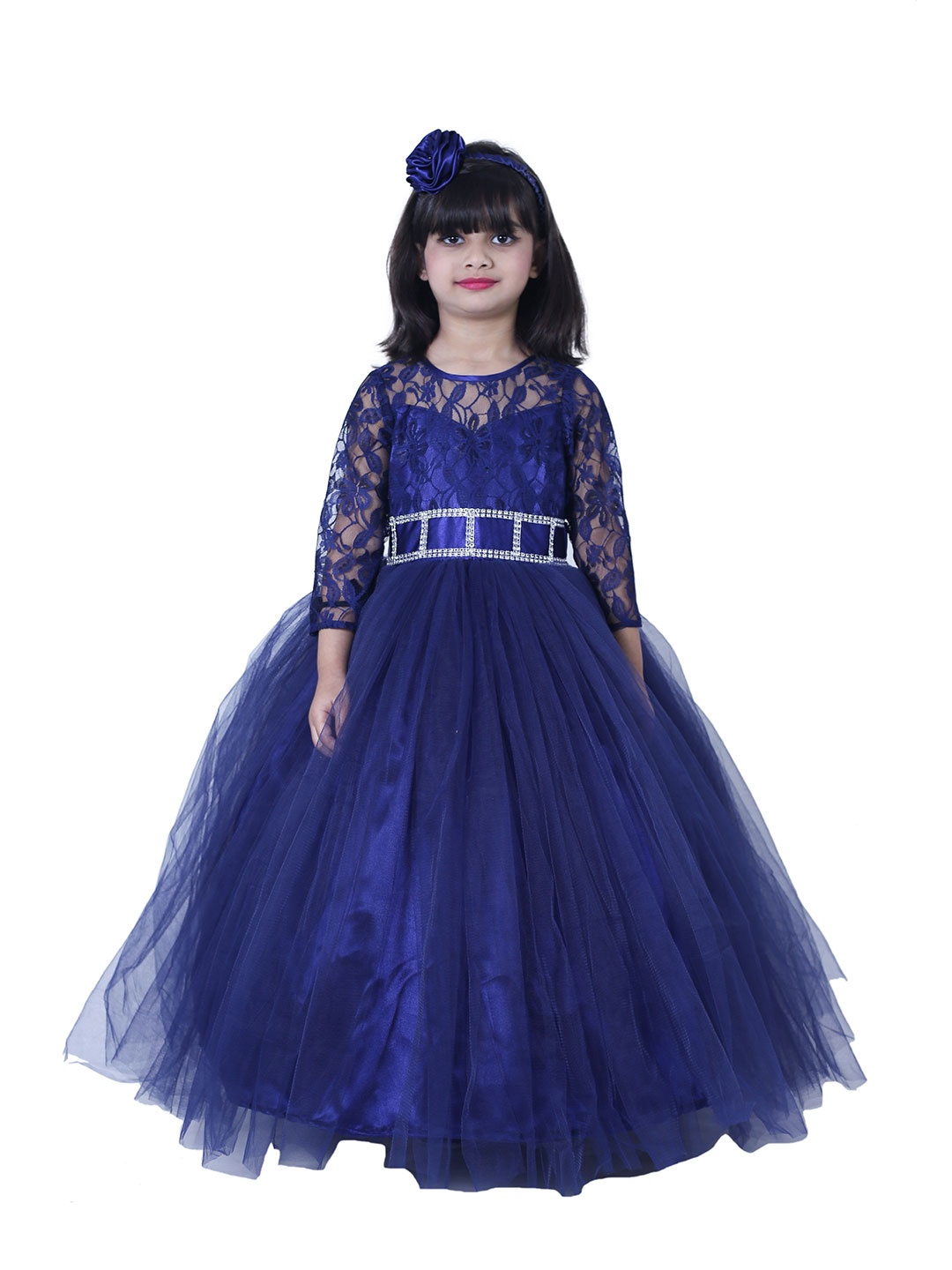 

Wow Princess Girls Lace Self Design Fit and Flare Maxi Dress with Belt, Navy blue