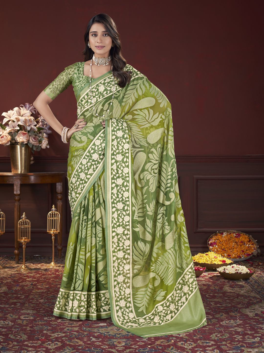 

Mitera Floral Zari Brasso Saree, Green