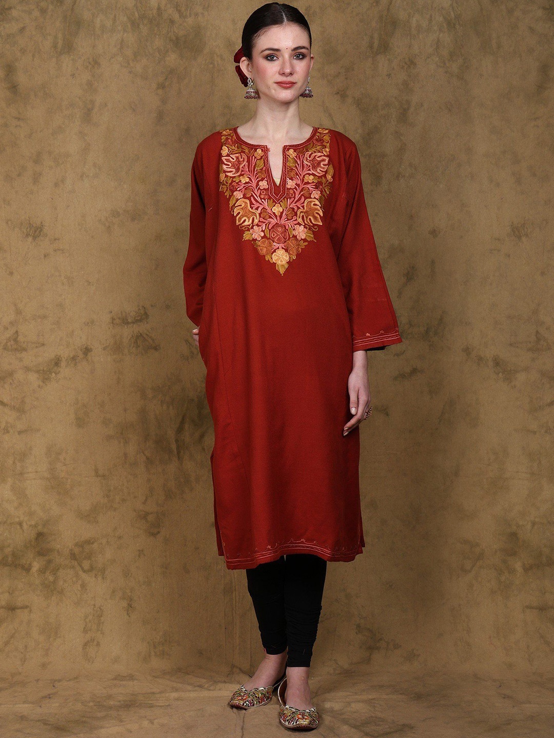 

Exotic India Women Ethnic Motifs Embroidered Flared Sleeves Floral Woollen Kurta, Orange