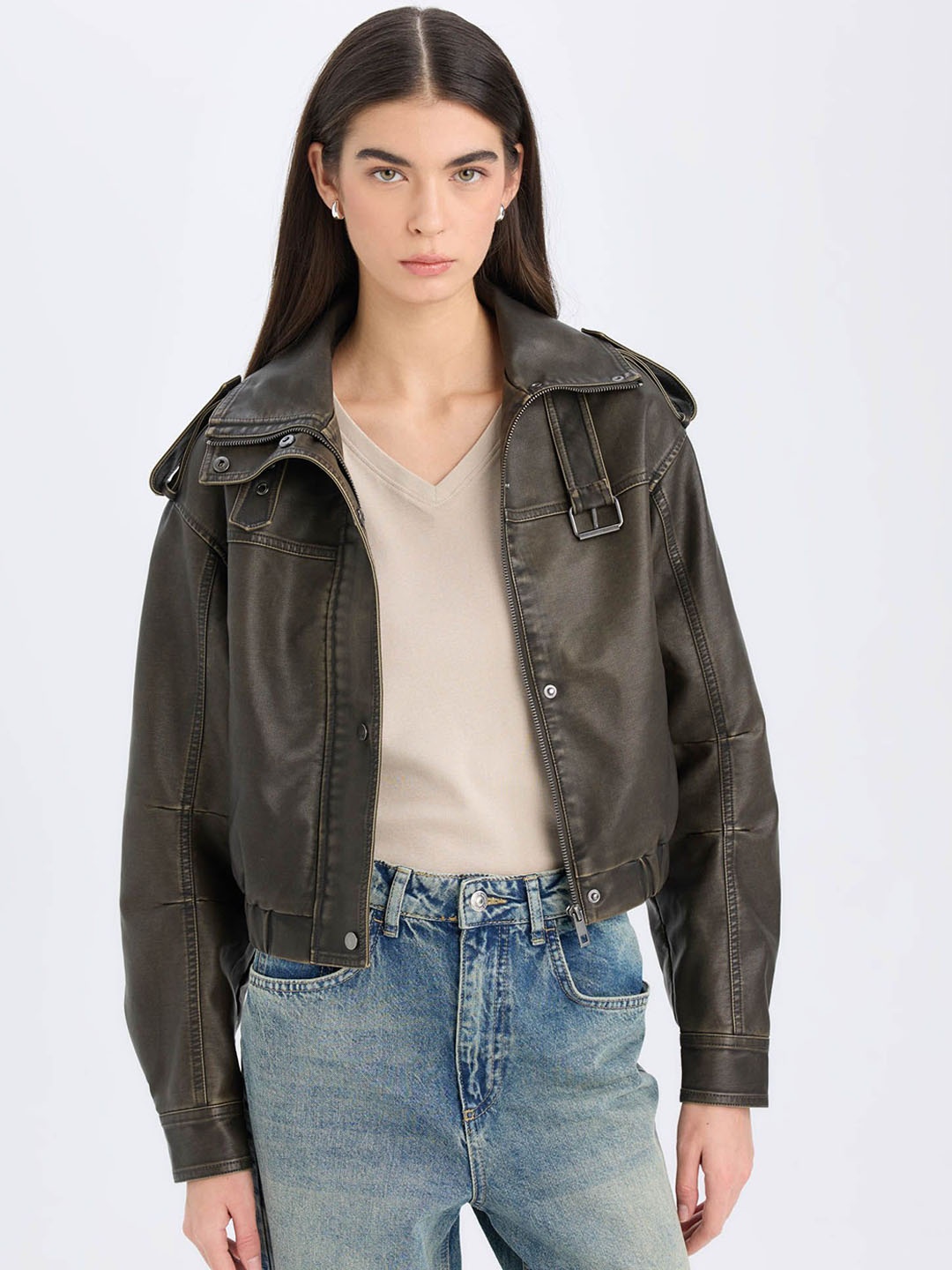 

DeFacto Women Spread Collar Solid Casual Leather Jacket, Olive
