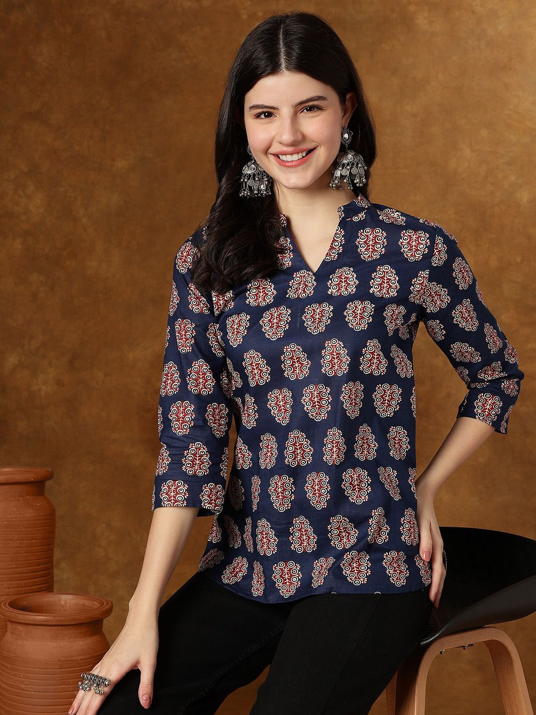 

KALINI Floral Print v neck Cotton Top, Blue