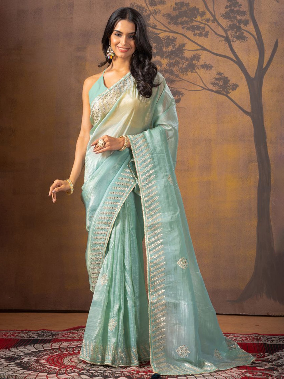 

KAJREE Floral Gotta Patti Jamdani Saree, Blue