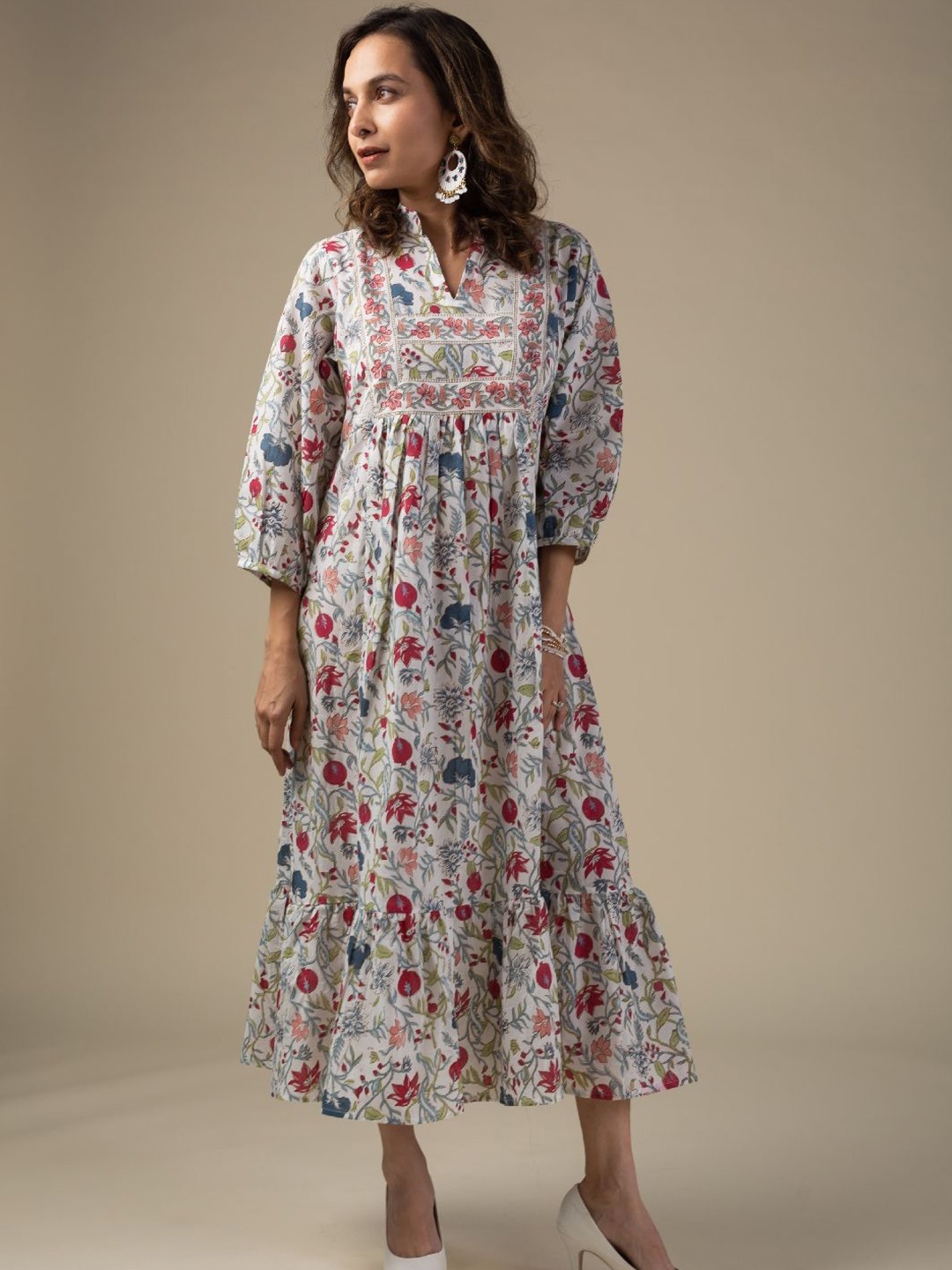 

KUSVAA Women Floral Printed A-Line Midi Dress, White