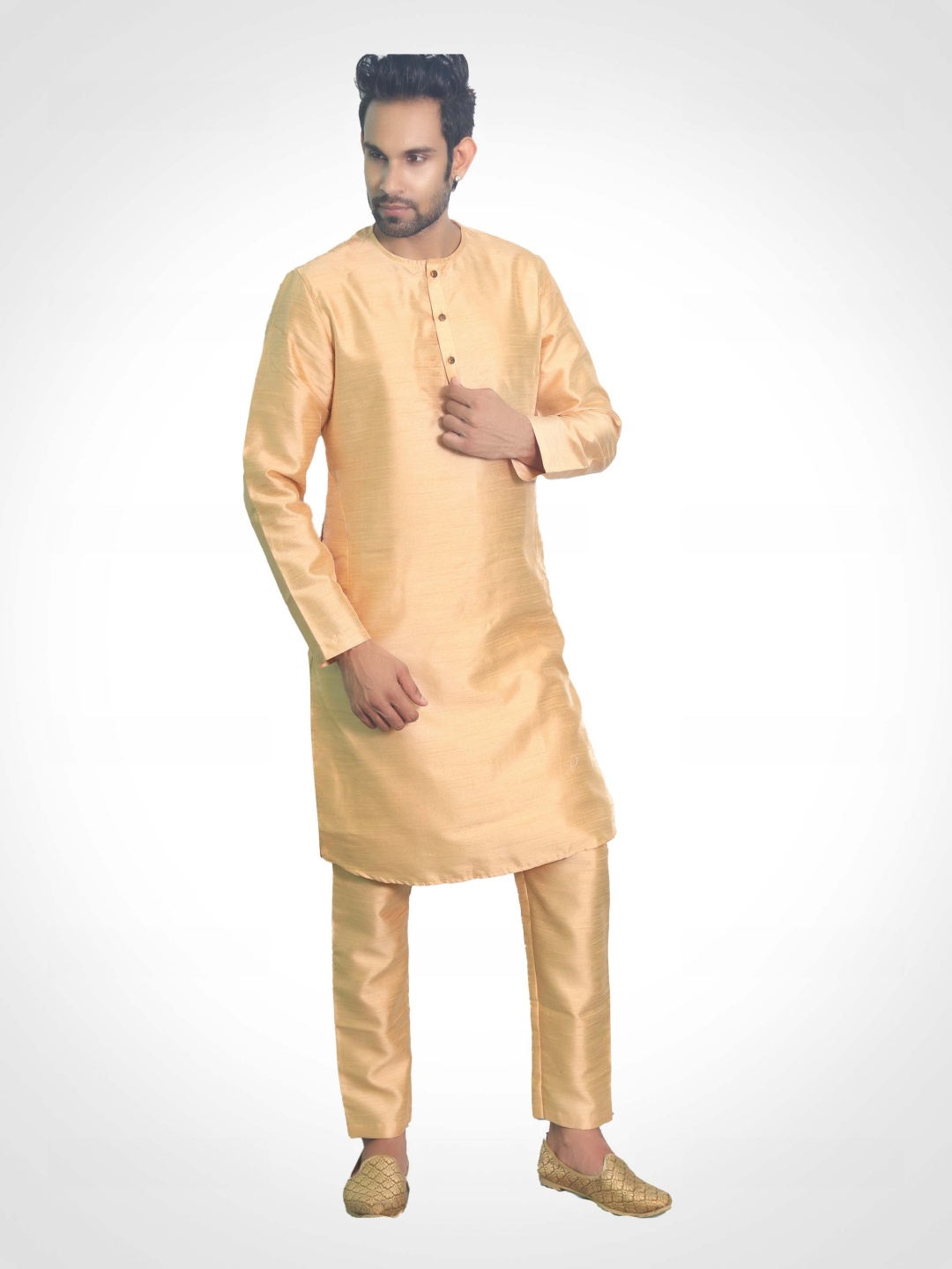 

House of Aqss Round Neck Dupion Silk Straight Kurta With Trousers, Gold