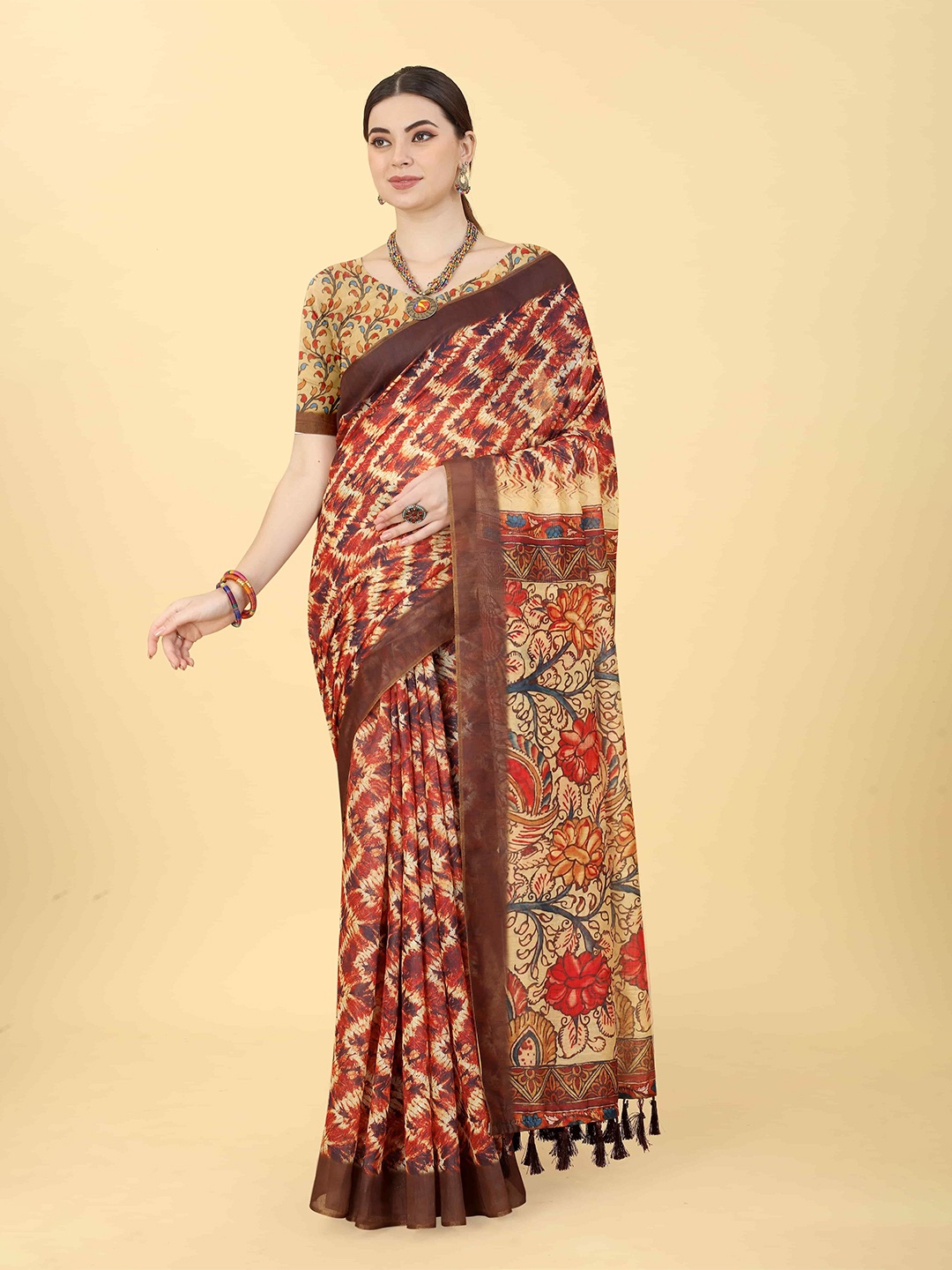 

DIVASTRI Kalamkari Printed Chanderi Saree, Brown