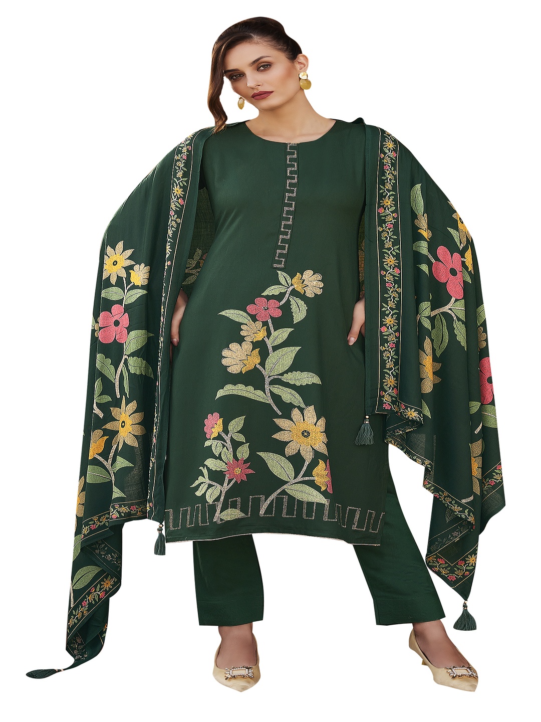 

DRAVINAM Trends Floral Embroidered Unstitched Dress Material, Green