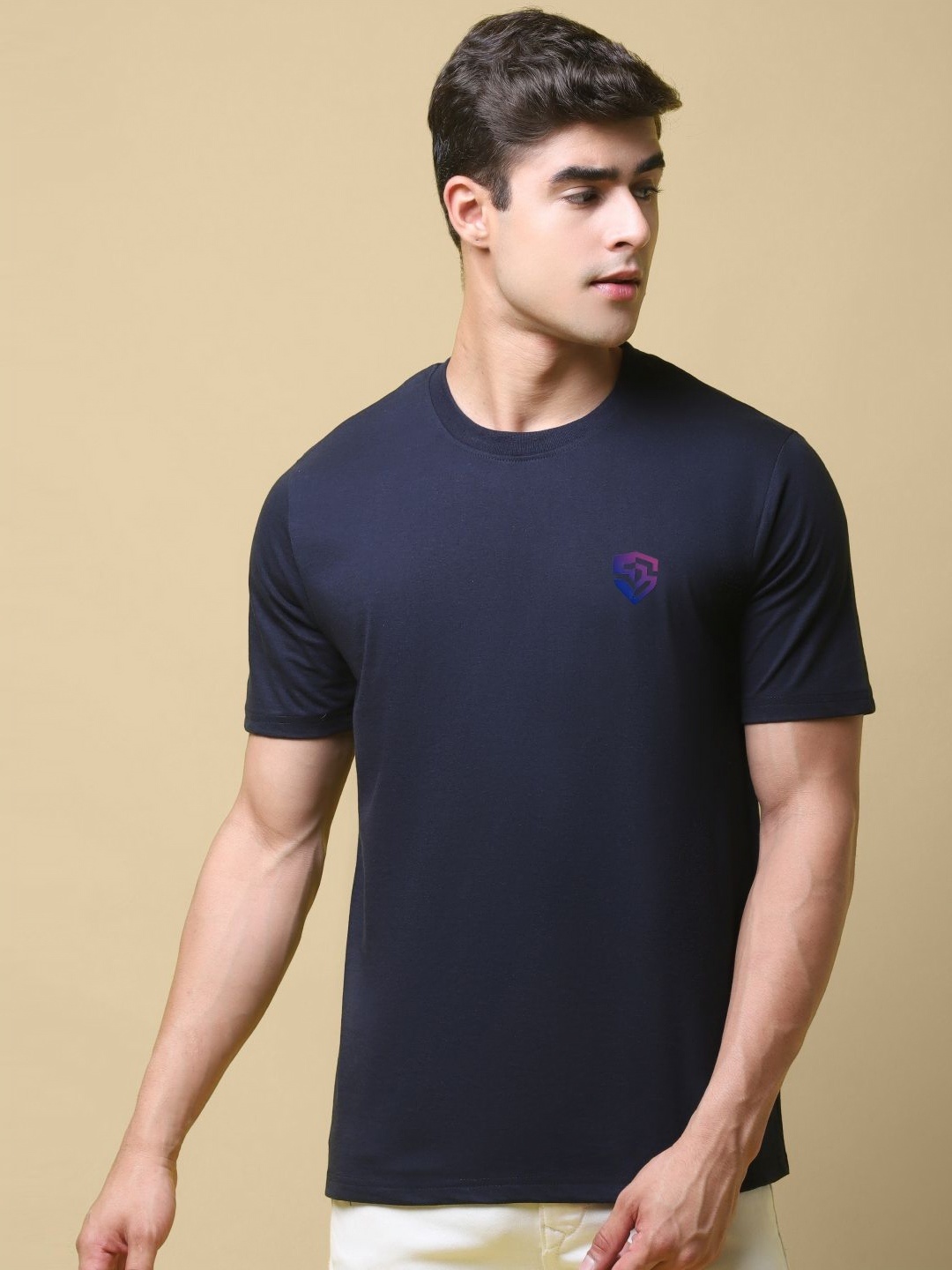 

SZN Men Solid Round Neck Cotton T-shirt, Navy blue