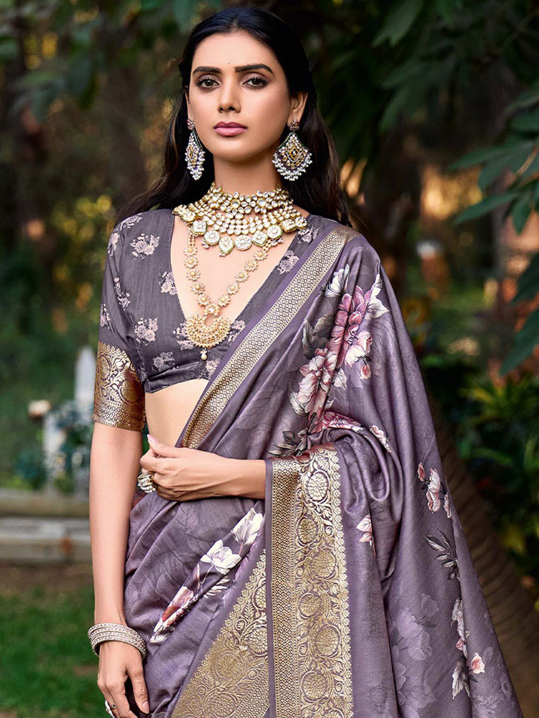 

Saree mall Floral Printed Tussar Sarees, Purple