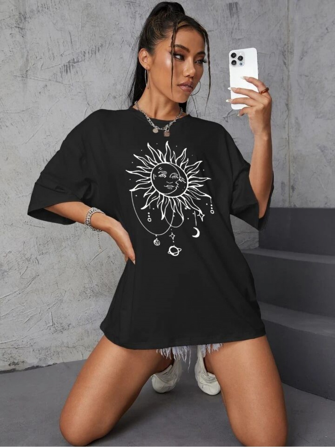 

KASHIAN Women Graphic Printed Round Neck Cotton Oversized T-shirt, Black