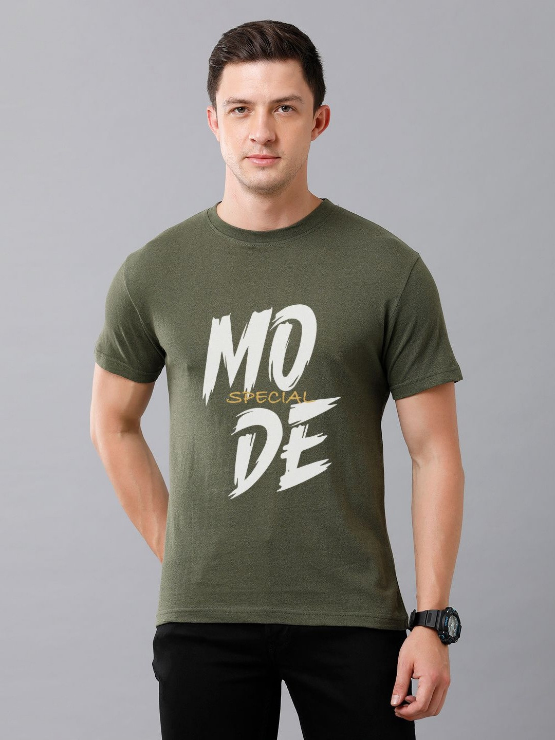 

Moda Rapido Men Typography Printed Round Neck Cotton T-shirt, Olive
