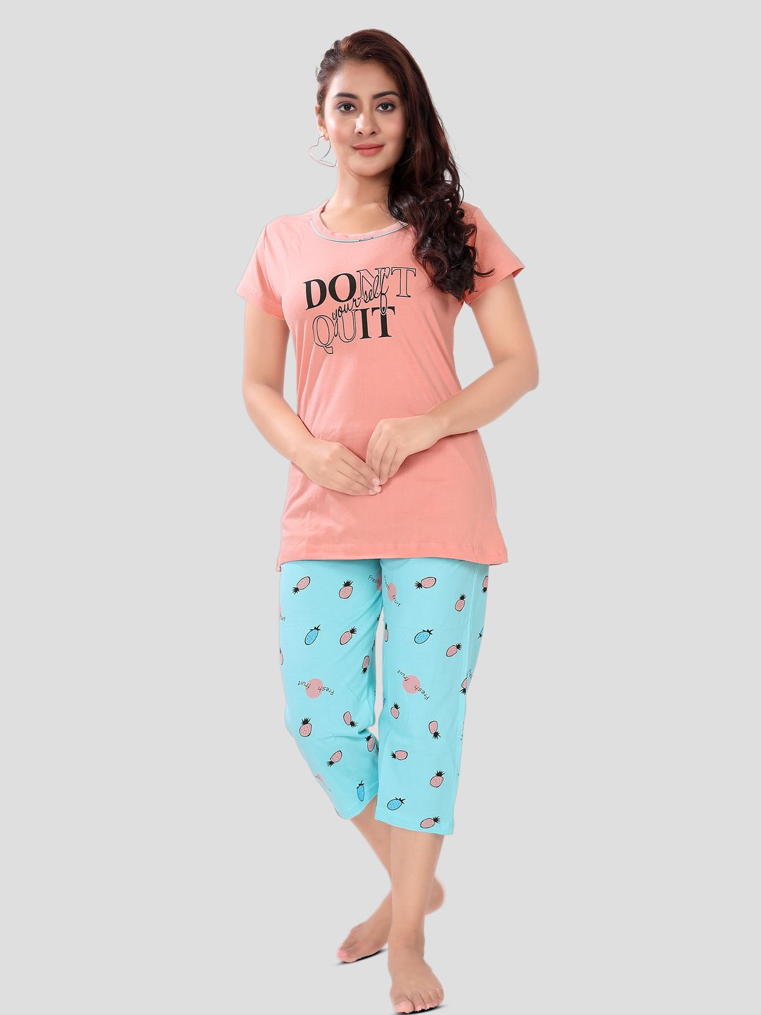 

SWEET MOON Typography Printed T-Shirt With Capris, Peach