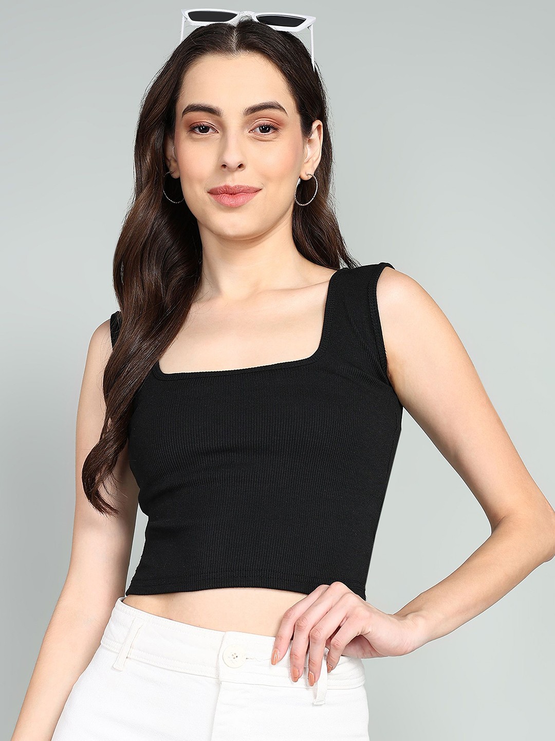 

SRISARAS Women Square Neck Tank Crop Top, White