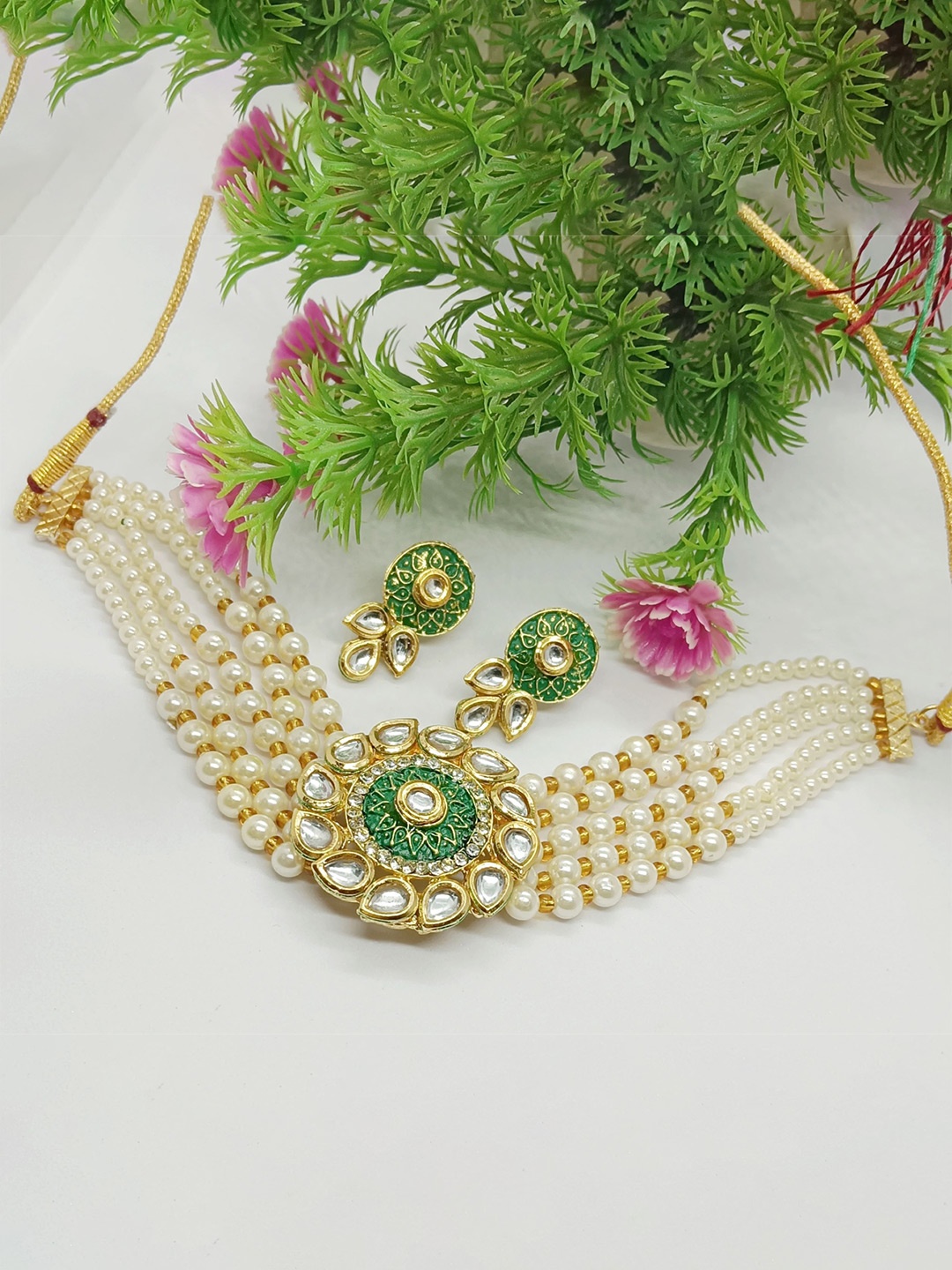 

EVY Gold-Plated Polki Kundan & Pearls Studded And Beaded Choker Necklace With Earrings, Green