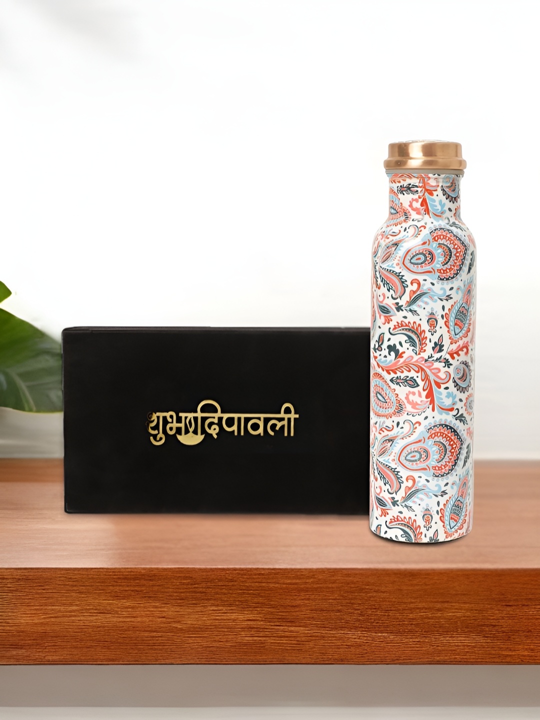 

INTERNATIONAL GIFT White Printed Pure Copper Water Bottle With Velvet Box & Bag - 950 ml
