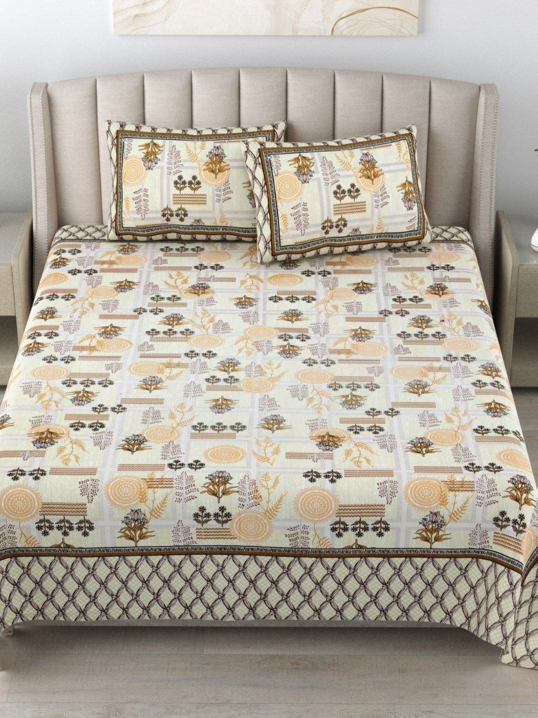 

BED-SHEET.COM Yellow & Brown Floral Printed Cotton 180 TC King Bedsheet Set 2.28m x 2.74m