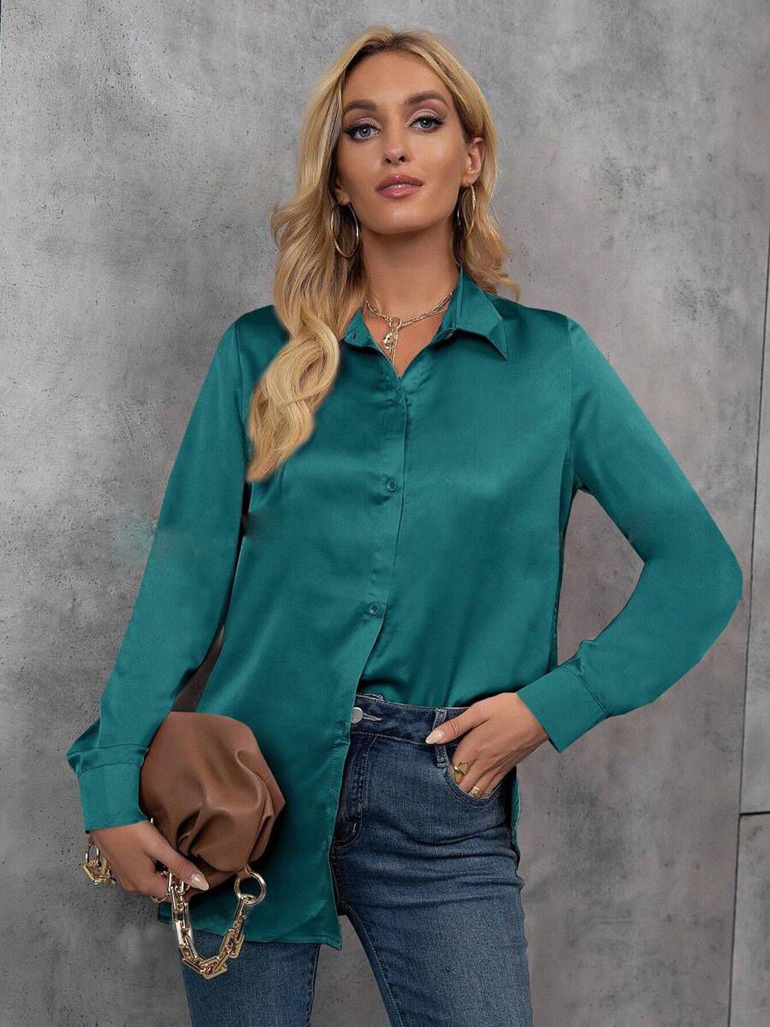 

KASHIAN Women Spread Collar Solid Satin Casual Shirt, Green