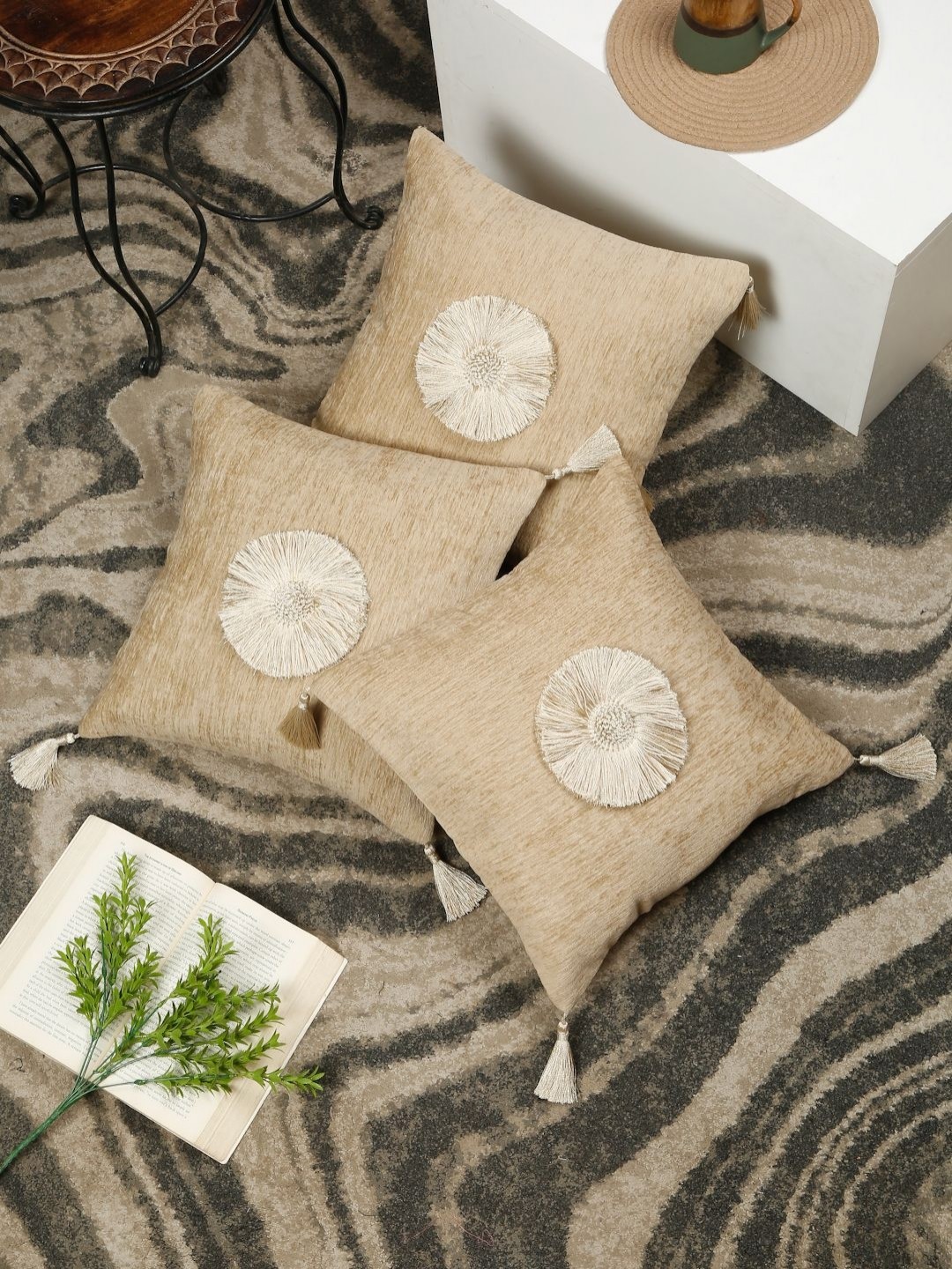 

SOKNACK Beige 3 Pieces Embroidered Velvet Square Tasselled Cushion Covers