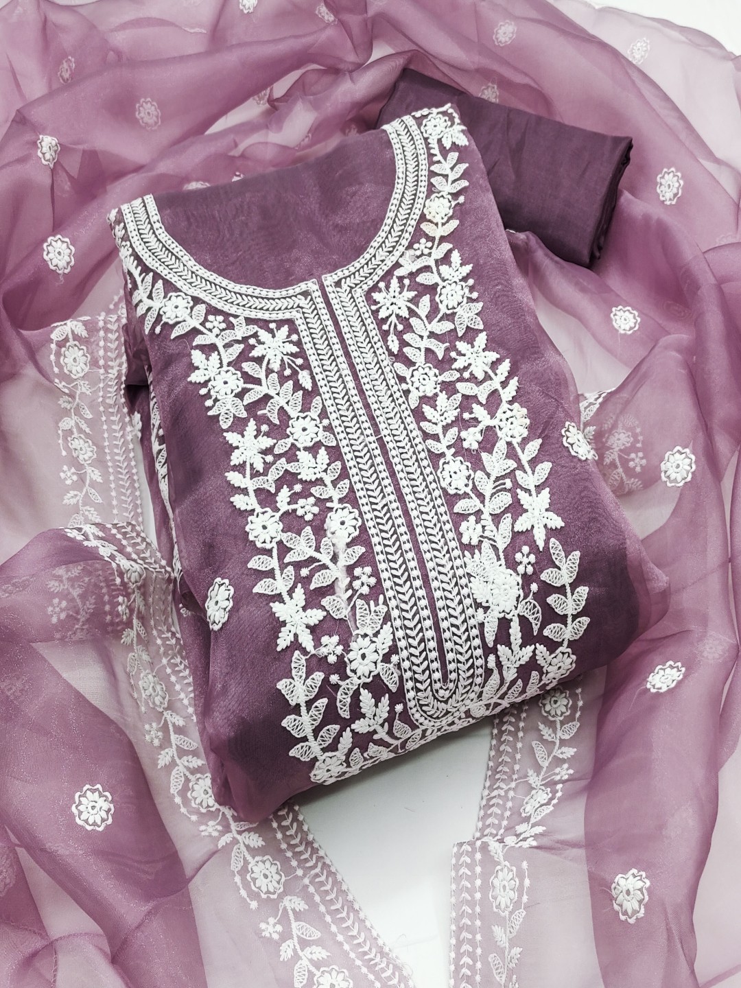

HERE&NOW Floral Embroidered Organza Unstitched Dress Material, Lavender