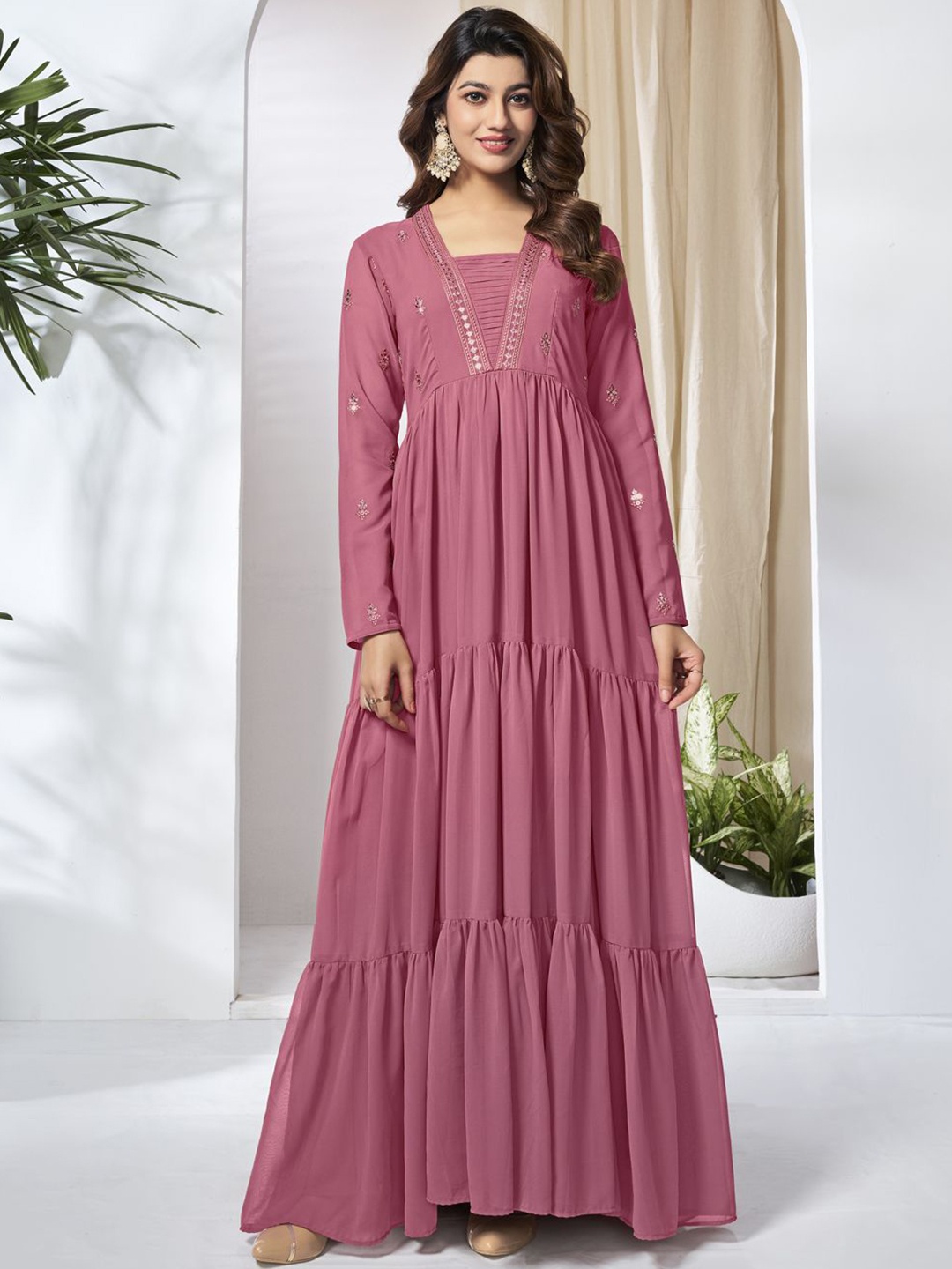 

Inddus Women Ethnic Motifs Thread and Sequinned Embroidered Ethnic Dress, Pink