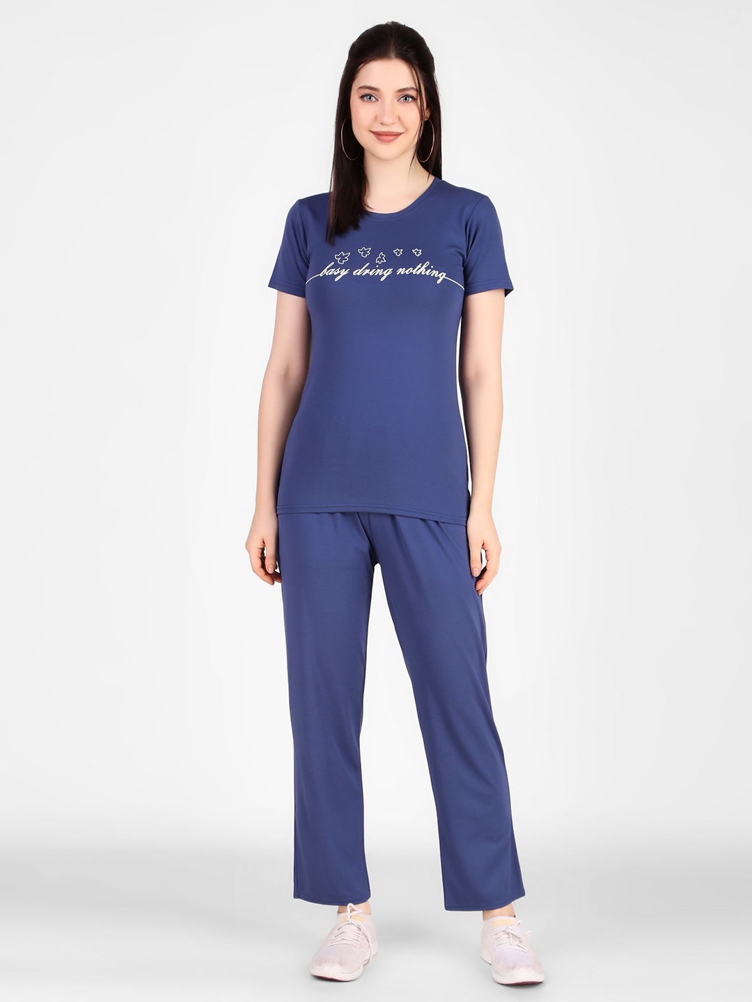 

FNOCKS Printed Round Neck Pure Cotton T-Shirt With Pyjama, Blue