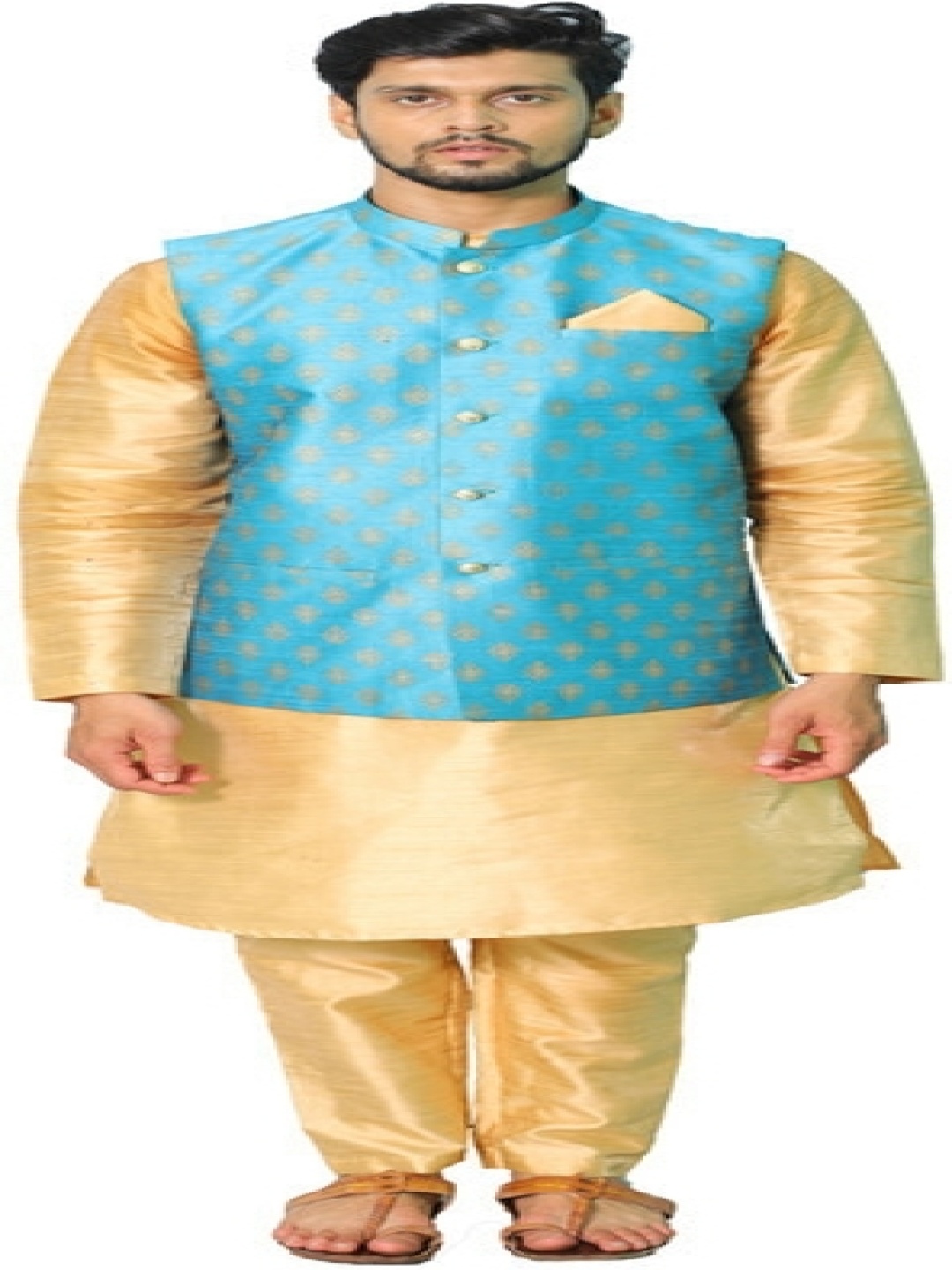 

House of Aqss Mandarin Collar Straight Kurta With Trouser And Nehru Jacket, Gold