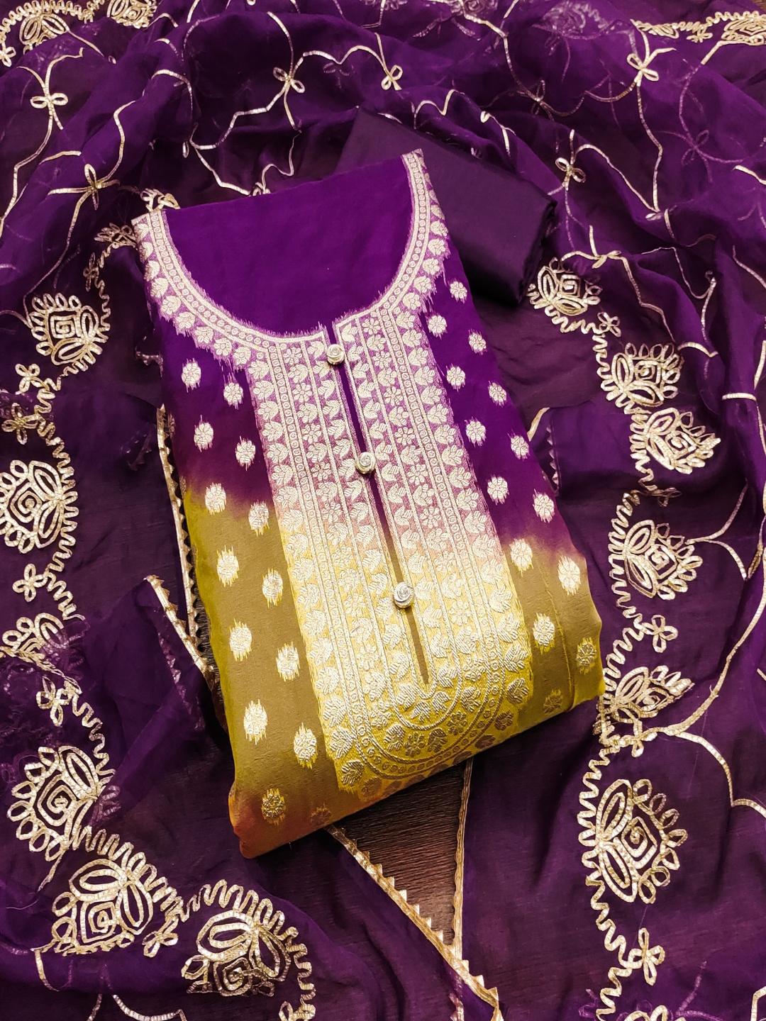 

HERE&NOW Ethnic Motifs Woven Design Organza Unstitched Dress Material, Purple