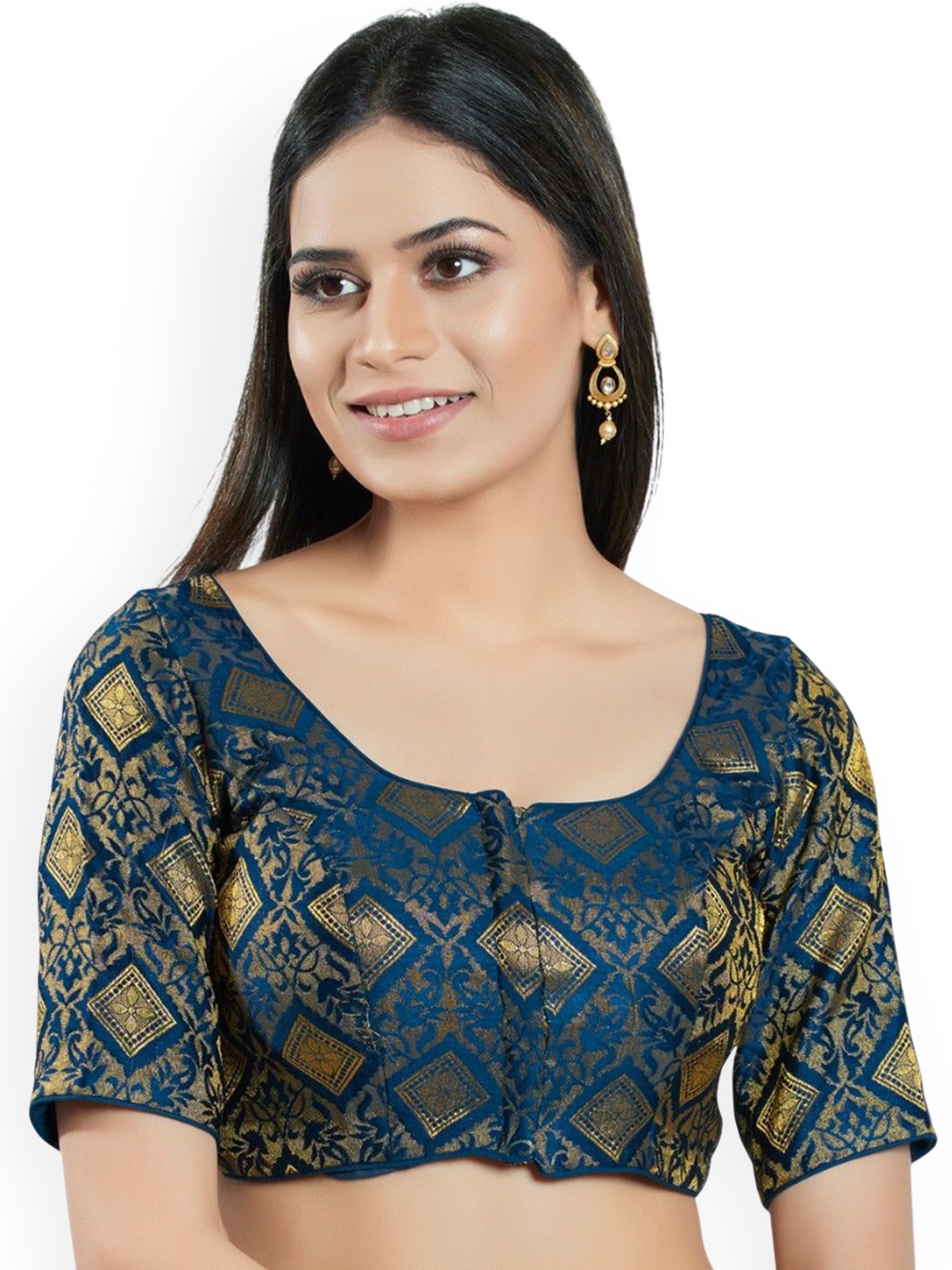 

Mmore Woven Design Round Neck Saree Blouse, Blue