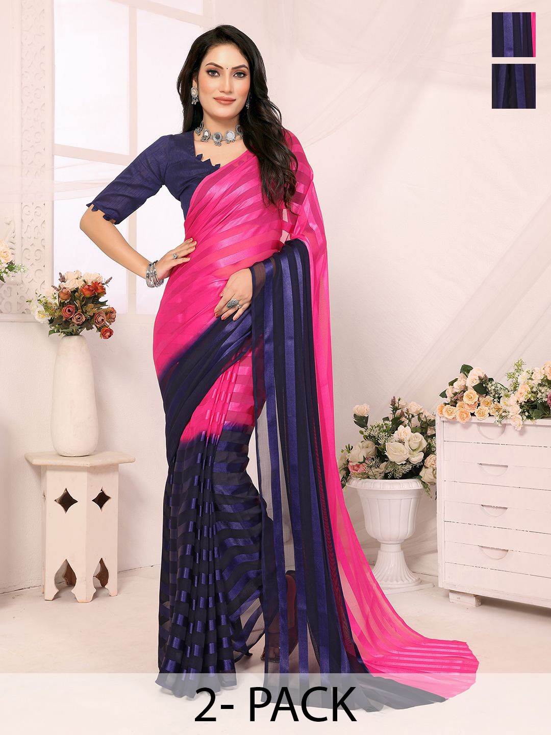 

Moda Rapido Set of 2 Striped Satin Sarees, Pink