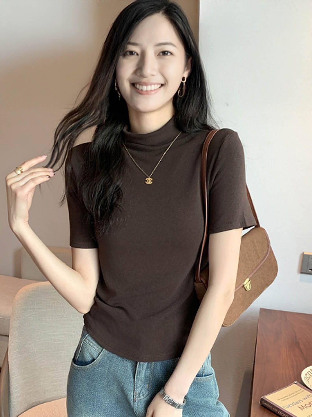 

StyleCast High Neck Regular Sleeves Top, Coffee brown
