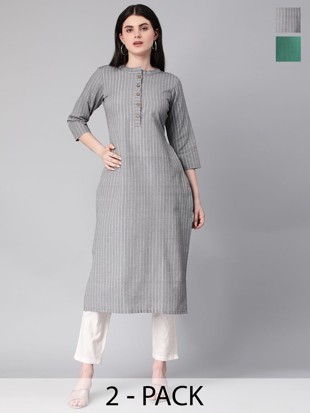 

KALINI Selection Of 2 Striped Round Neck Straight Kurtas, Grey