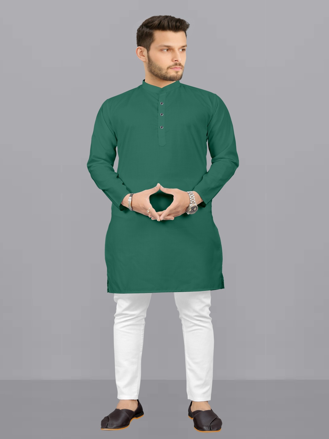 

Fashion FRICKS Mandarin Collar Straight Kurta With Pyjama, Green